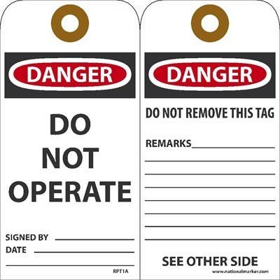 AccuformNMC RPT1A Danger Do Not Operate Tag, 6" x 3", Unrippable Vinyl, 25/Pk