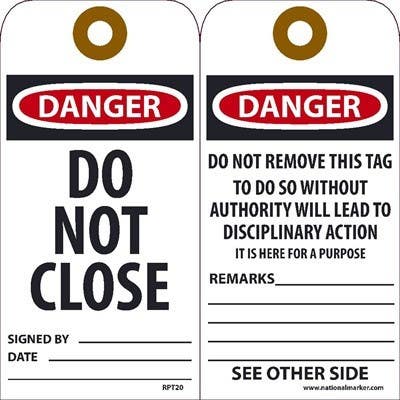 AccuformNMC RPT20 Danger Do Not Close Tag, 6" x 3", Unrippable Vinyl, 25/Pk
