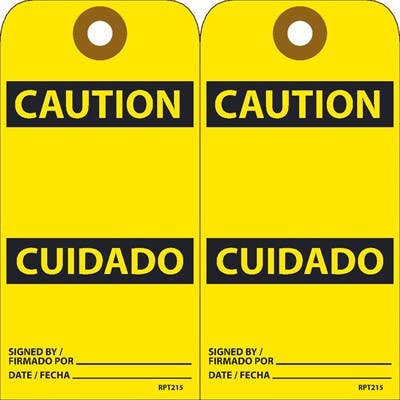 AccuformNMC RPT Caution, Bilingual Blank Tag, 6" x 3", Unrippable Vinyl w/1 Top Center Hole, Zip Ties Included, 25/Pk