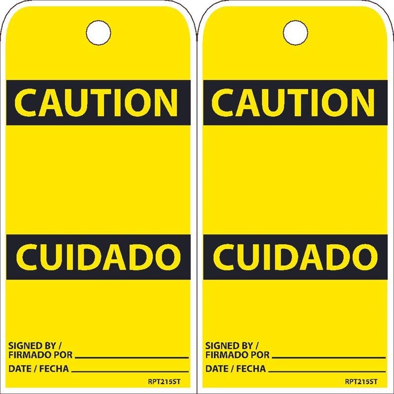AccuformNMC RPT215ST Caution, Bilingual Blank Tag, 6" x 3", Synthetic Paper w/1 Top Center Hole, Zip Ties Included, 25/Pk