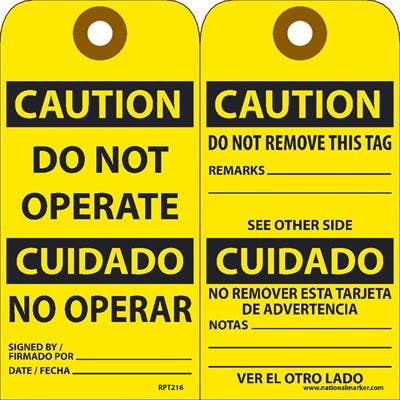 AccuformNMC RPT Caution, Do Not Operate Bilingual Tag, Unrippable Vinyl w/ 1 Top Center Hole, Zip Ties Included, 25/Pk