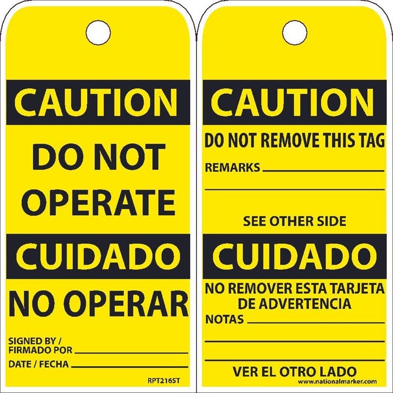 AccuformNMC RPT216ST Caution, Do Not Operate Bilingual Tag, Synthetic Paper w/ 1 Top Center Hole, 25/Pk