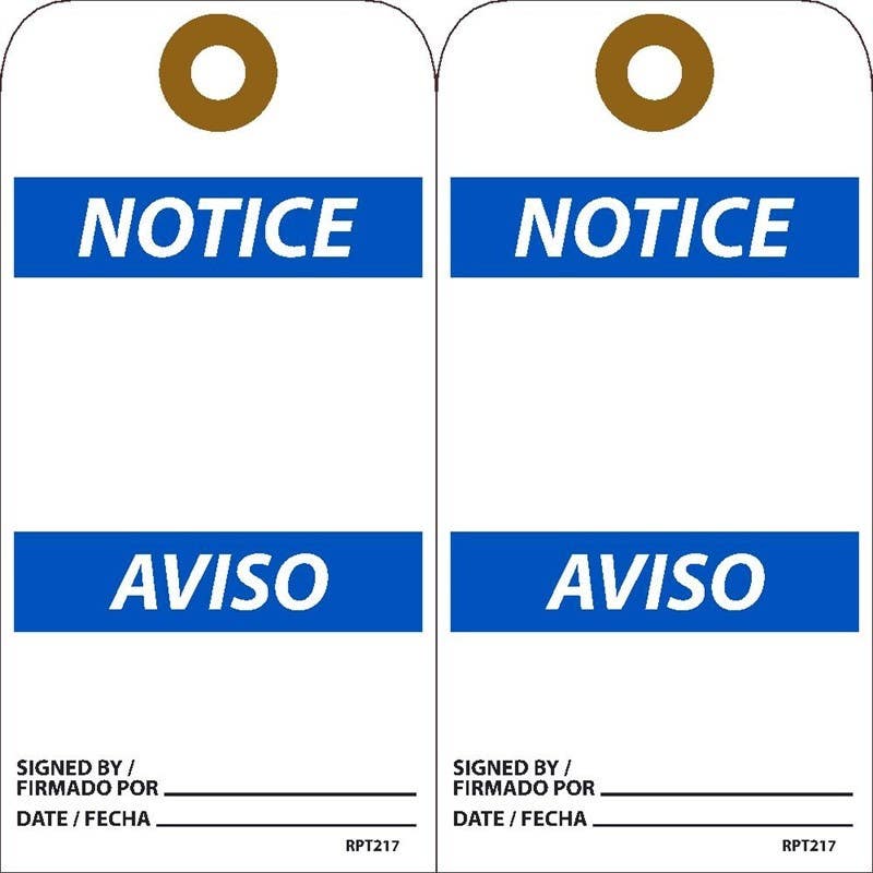 AccuformNMC RPT Notice, Blank Tag Bilingual, 6" x 3", Unrippable Vinyl w/1 Top Center Hole, Zip Ties Included, 25/Pk