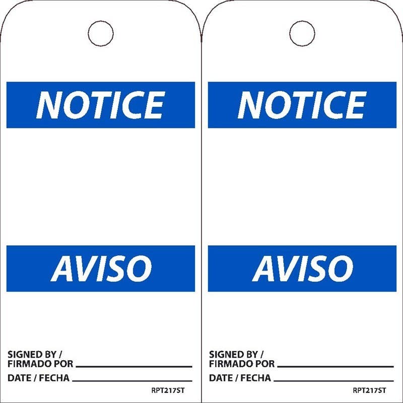 AccuformNMC RPT217ST Notice, Blank Tag Bilingual, 6" x 3", Synthetic Paper w/1 Top Center Hole, 25/Pk