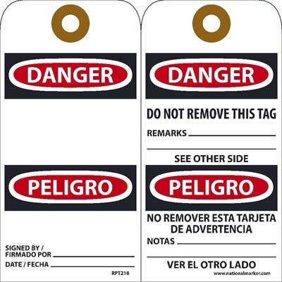 AccuformNMC RPT Danger, Do Not Remove Tag Bilingual, 6" x 3", Unrippable Vinyl w/ 1 Top Center Hole, Zip Ties Included, 25/Pk