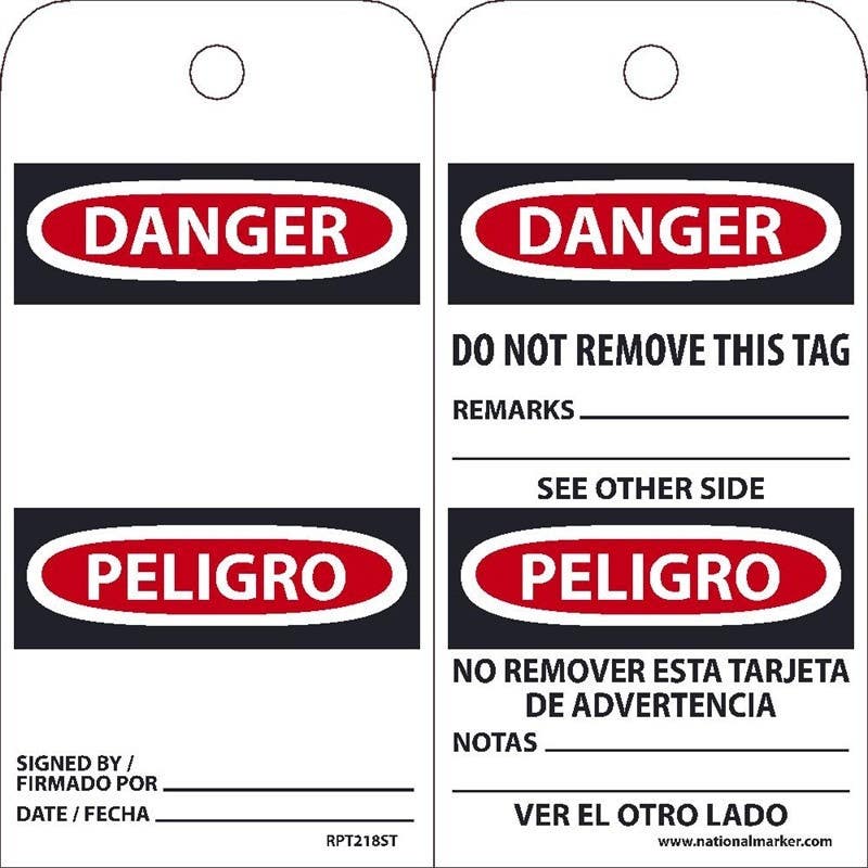 AccuformNMC RPT218ST Danger, Do Not Remove Tag Bilingual, 6" x 3", Synthetic Paper w/ 1 Top Center Hole, 25/Pk