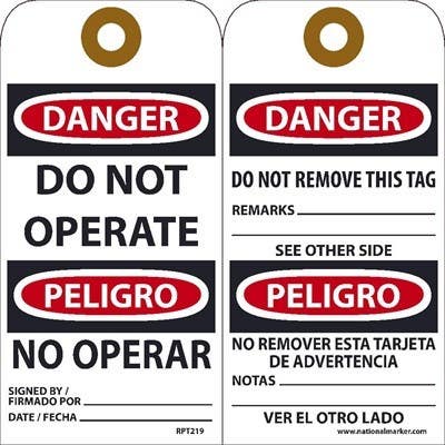 AccuformNMC RPT219 Danger Do Not Operate-Bilingual Tag, 6" x 3", Unrippable Vinyl, 25/Pk