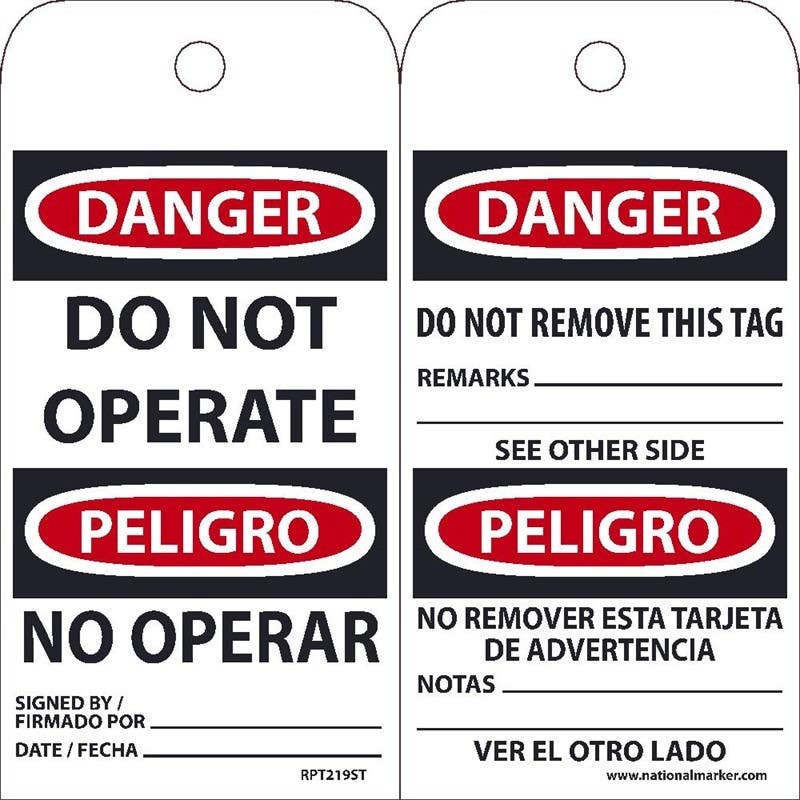 AccuformNMC RPT219ST Danger, Do Not Operate Bilingual Tag, 6" x 3", Synthetic Paper w/ 1 Top Center Hole, 25/Pk