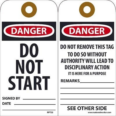 AccuformNMC RPT22 Danger Do Not Start Signed Tag, 6" x 3", Unrippable Vinyl, 25/Pk
