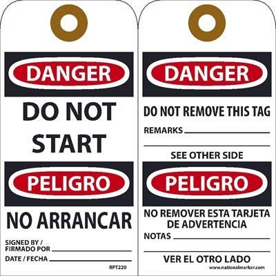AccuformNMC RPT Danger, Do Not Start Bilingual Tag, 6" x 3", Unrippable Vinyl w/ 1 Top Center Hole, Zip Ties Included, 25/Pk