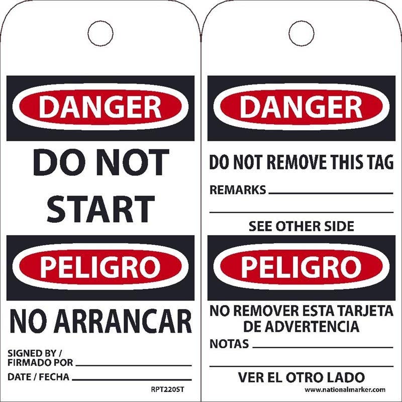 AccuformNMC RPT220ST Danger, Do Not Start Bilingual Tag, 6" x 3", Synthetic Paper w/ 1 Top Center Hole, 25/Pk