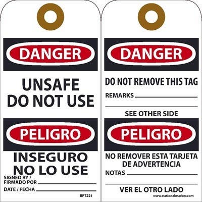 AccuformNMC RPT Danger, Unsafe Do Not Use Bilingual Tag, 6" x 3", Unrippable Vinyl w/ 1 Top Center Hole, Zip Ties Included, 25/Pk