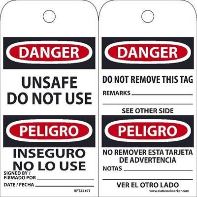 AccuformNMC RPT221ST Danger, Unsafe Do Not Use Bilingual Tag, 6" x 3", Synthetic Paper w/ 1 Top Center Hole, 25/Pk