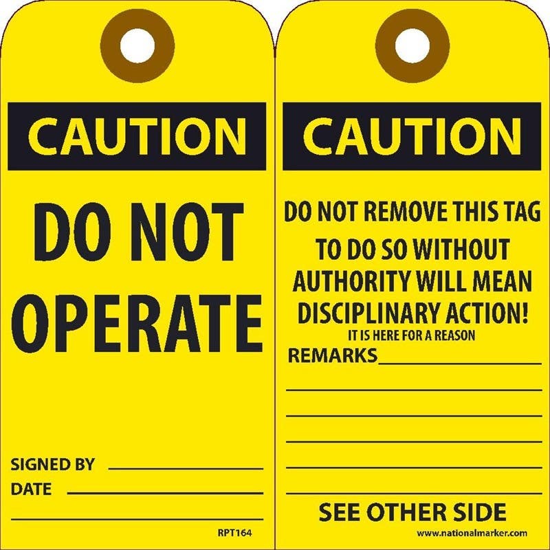 AccuformNMC RPT164 Caution, Do Not Operate Tag, 6" x 3", Unrippable Vinyl, 25/Pk