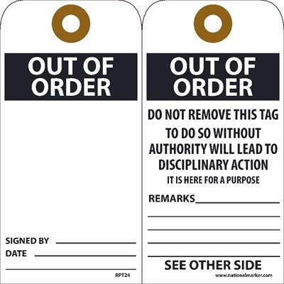 AccuformNMC RPT Out Of Order Tag, 6" x 3", Unrippable Vinyl, 25/Pk
