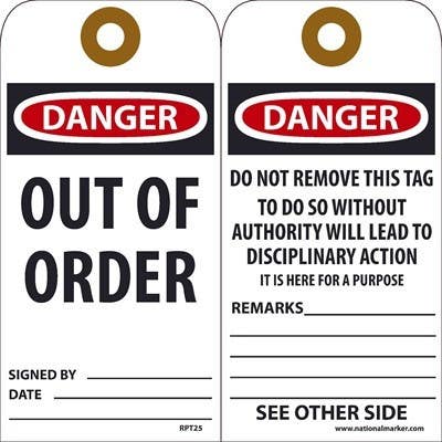 AccuformNMC RPT25 Danger Out Of Order Tag, 6" x 3", Unrippable Vinyl, 25/Pk