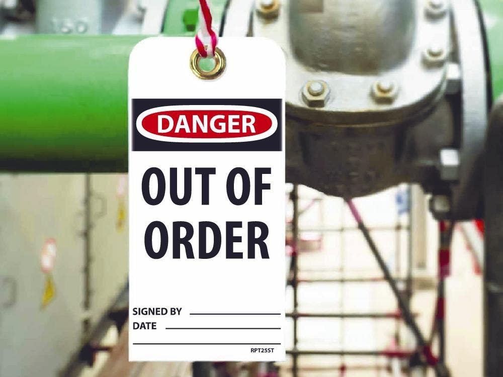 AccuformNMC RPT25ST Danger, Out Of Order Tag, 6" x 3", Synthetic Paper w/ 1 Top Center Hole, Zip Ties Included, 25/Pk