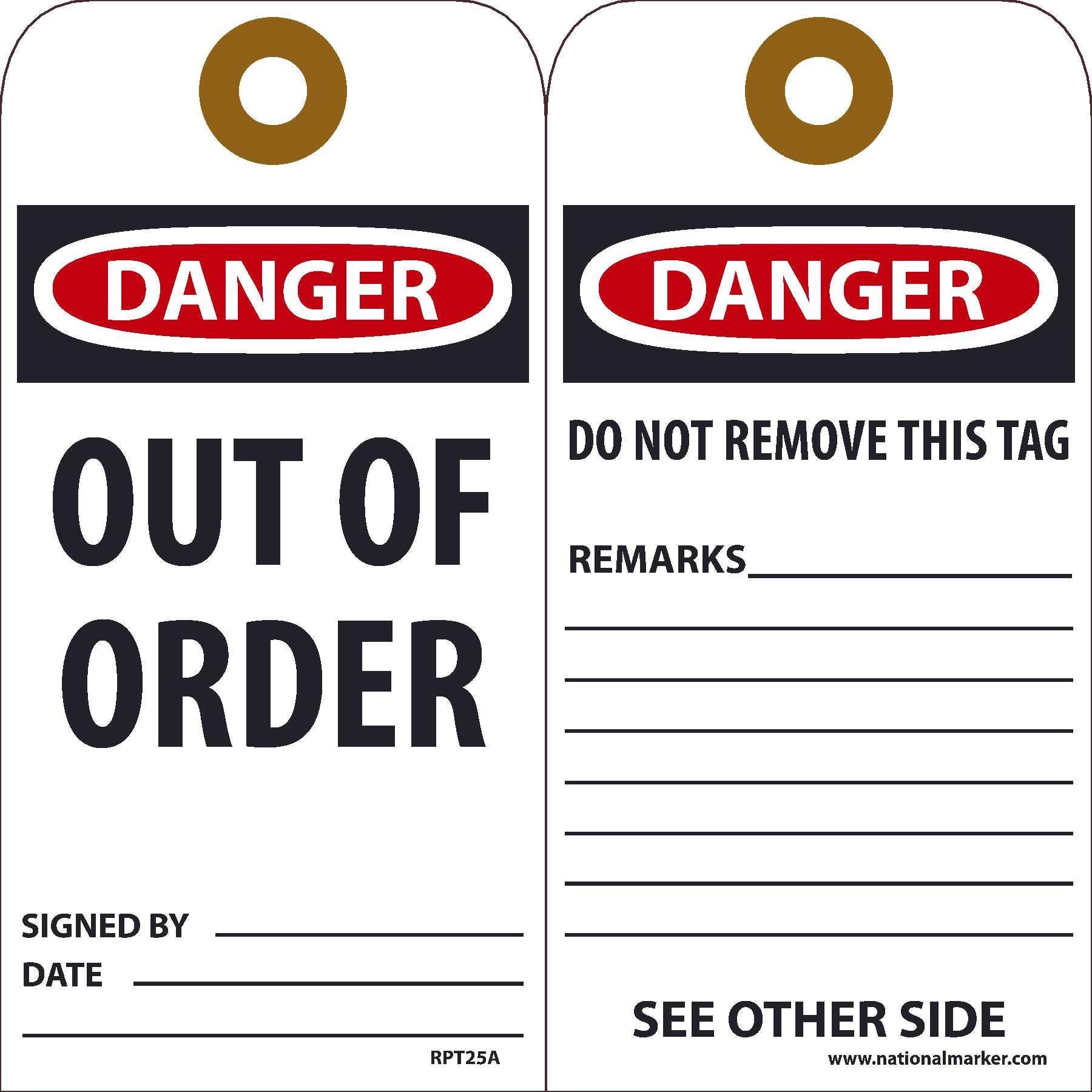 AccuformNMC RPT25A Danger Out Of Order Tag, 6" x 3", Unrippable Vinyl, 25/Pk