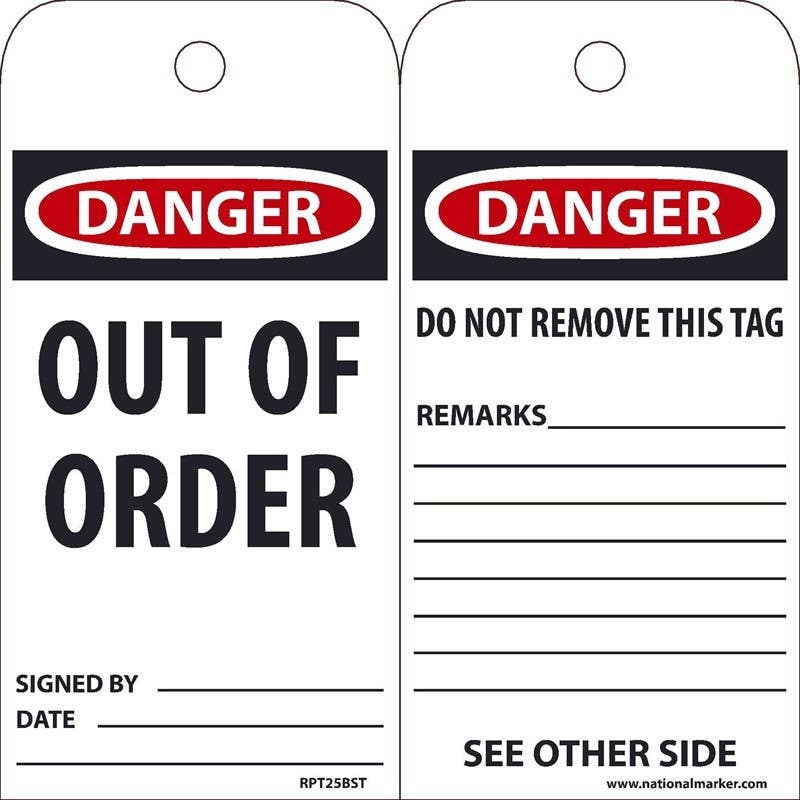 AccuformNMC RPT25BST100 Danger, Out Of Order Tag, 6" x 3", Tags On A Roll, Polytag, EZ Pull, 100/Box