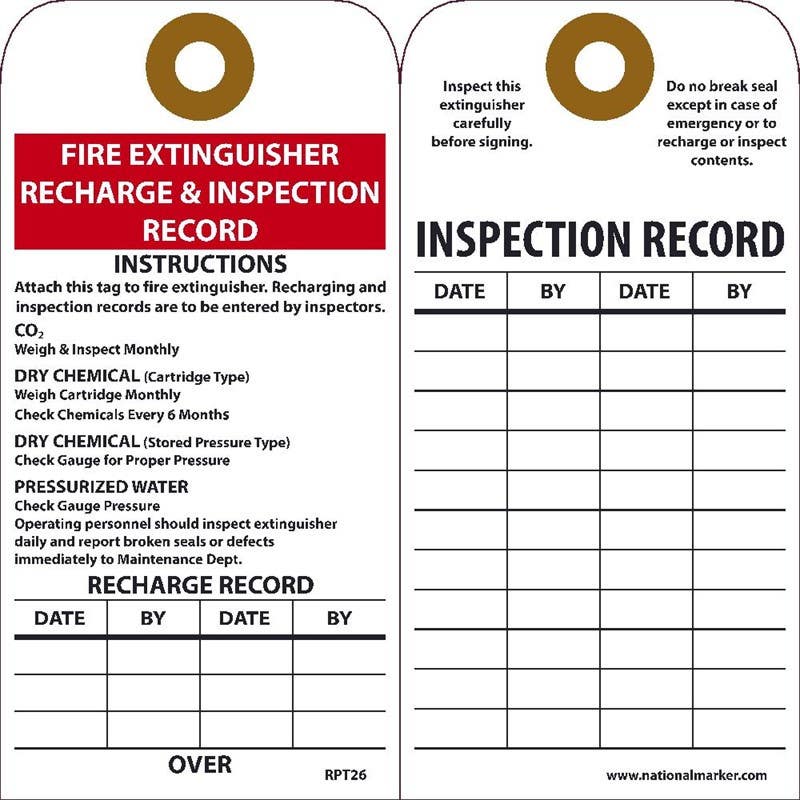 AccuformNMC RPT26 Fire Extinguisher Recharge & Inspection Record Tag, 6" x 3", Unrippable Vinyl, 25/Pk