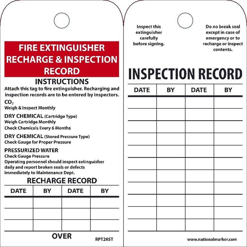 AccuformNMC RPT26ST Fire Extinguisher Recharge & Inspect Tag (Hole), 6" x 3", Synthetic Paper, 25/Pk