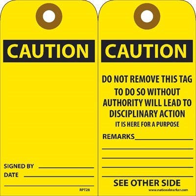 AccuformNMC RPT Caution Tag, 6" x 3", Unrippable Vinyl, 25/Pk