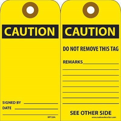 AccuformNMC RPT Caution, Do Not Remove Tag, 6" x 3", Unrippable Vinyl w/ 1 Top Center Hole, Zip Ties Included, 25/Pk