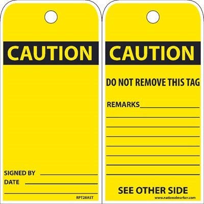 AccuformNMC RPT28AST Caution, Do Not Remove Tag, 6" x 3", Synthetic Paper w/ 1 Top Center Hole, Zip Ties Included, 25/Pk