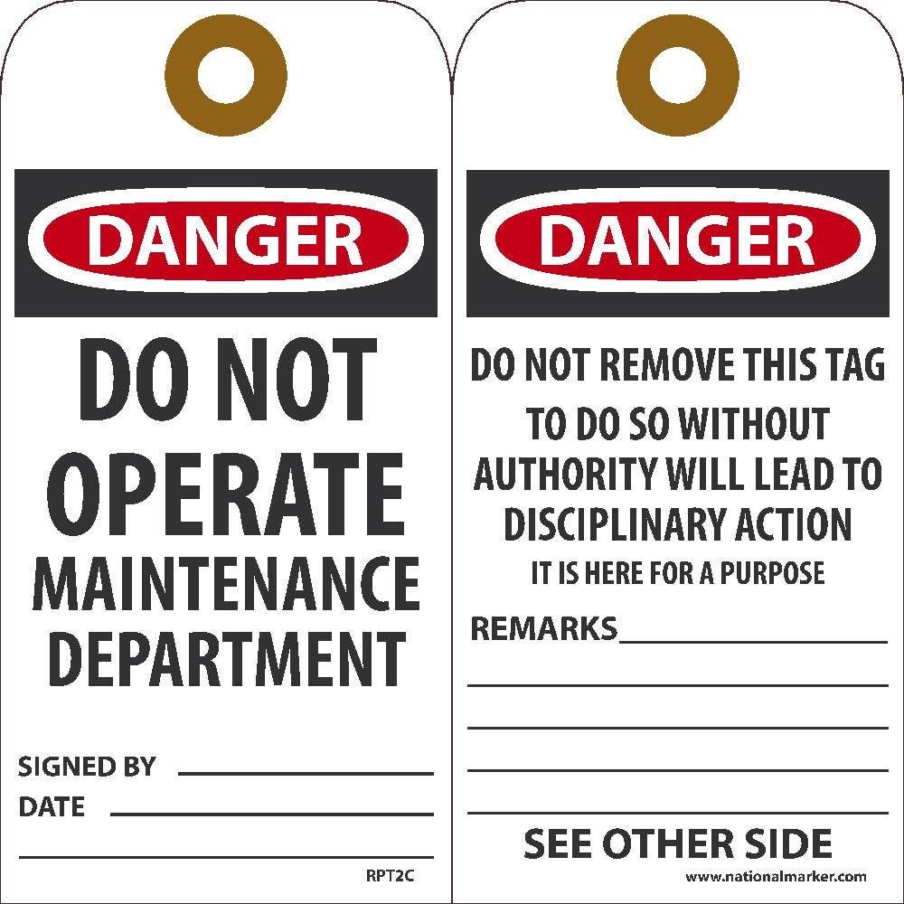 AccuformNMC RPT2C Danger Do Not Operate Maintenance Department Tag_, 6" x 3", Unrippable Vinyl, 25/Pk