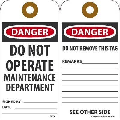 AccuformNMC RPT2 Danger Do Not Operate Maintenance Department Tag_, 6" x 3", Unrippable Vinyl, 25/Pk
