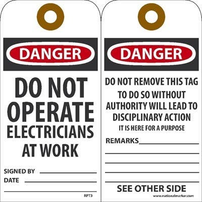 AccuformNMC RPT3 Danger Do Not Operate Electricians At Work Tag, 6" x 3", Synthetic Paper, 25/Pk