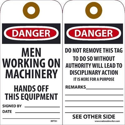 AccuformNMC RPT Danger, Men Working On Machinery Tag, 6" x 3", Unrippable Vinyl, 25/Pk