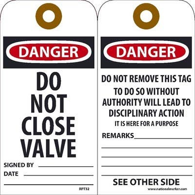 AccuformNMC RPT32 Danger Do Not Close Valve Tag, 6" x 3", Unrippable Vinyl, 25/Pk