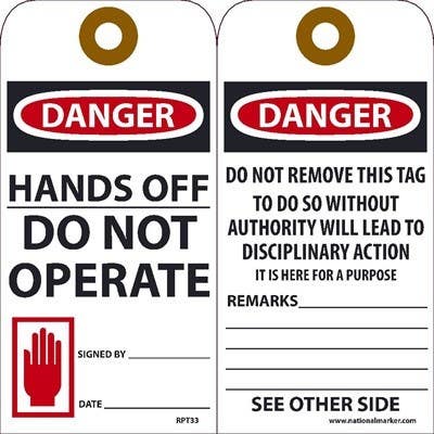 AccuformNMC RPT33 Danger Hands Off Do Not Operate Tag, 6" x 3", Unrippable Vinyl, 25/Pk