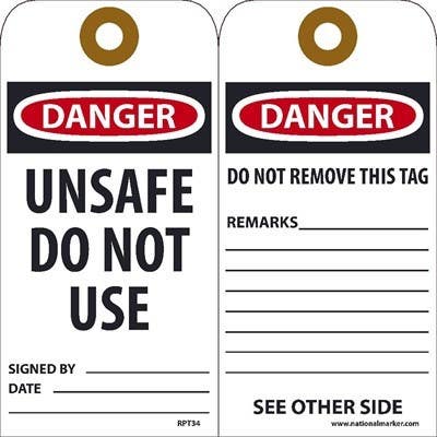 AccuformNMC RPT Danger, Unsafe Do Not Use Tag, 6" x 3", Unrippable Vinyl, 25/Pk