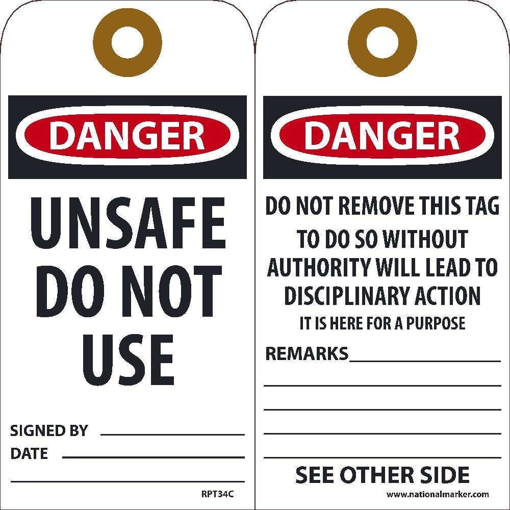 AccuformNMC RPT34C Danger Unsafe Do Not Use Signed By___ Date___Tag, 6" x 3", Unrippable Vinyl, 25/Pk