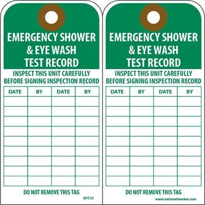 AccuformNMC RPT37 Emergency Shower & Eye Wash Test Record Tag, 6" x 3", Unrippable Vinyl, 25/Pk