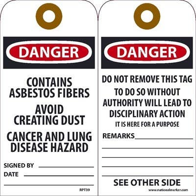 AccuformNMC RPT39 Danger Contains Asbestos Fibers Tag, 6" x 3", Unrippable Vinyl, 25/Pk