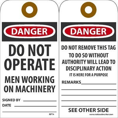 AccuformNMC RPT Danger, Do Not Operate, Men Working On Machinery Tag, 6" x 3", Unrippable Vinyl, 25/Pk