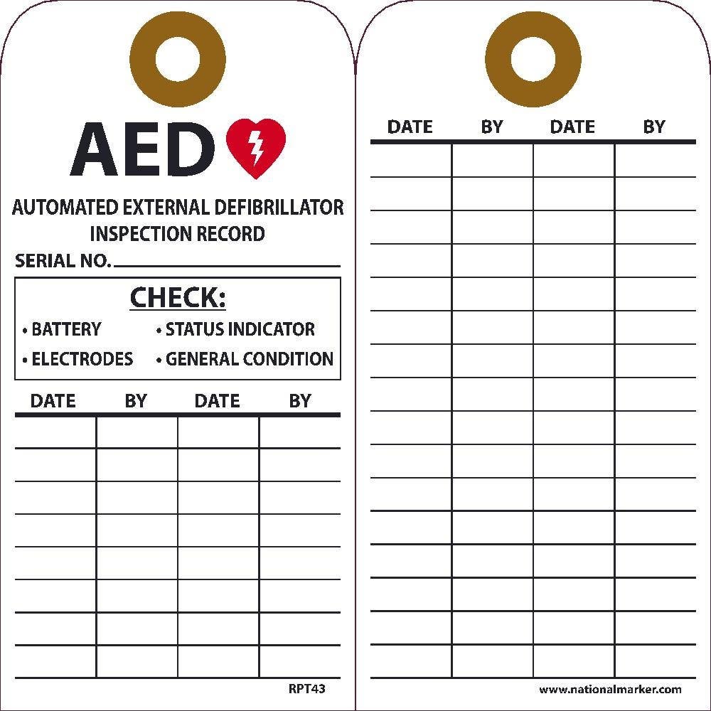 AccuformNMC RPT43 AED Automated External Defibrillator Inspection Record Tag, 6" x 3", Unrippable Vinyl, 25/Pk