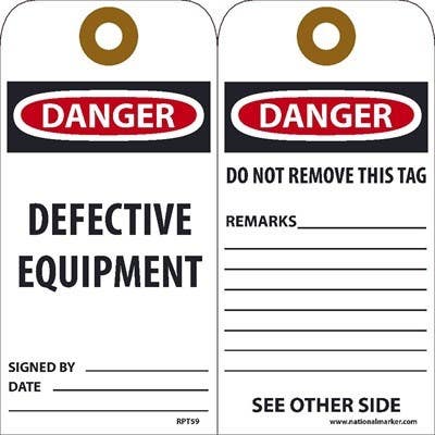 AccuformNMC RPT59 Danger Defective Equipment Tag, 6" x 3", Unrippable Vinyl, 25/Pk