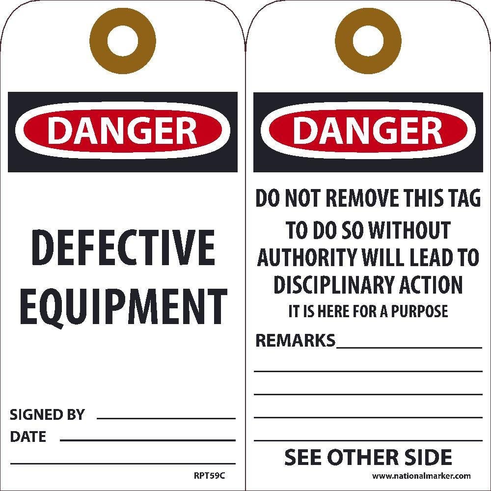 AccuformNMC RPT59C Danger, Defective Equipment Tag, 6" x 3", Unrippable Vinyl w/ 1 Top Center Hole, Zip Ties Included, 25/Pk