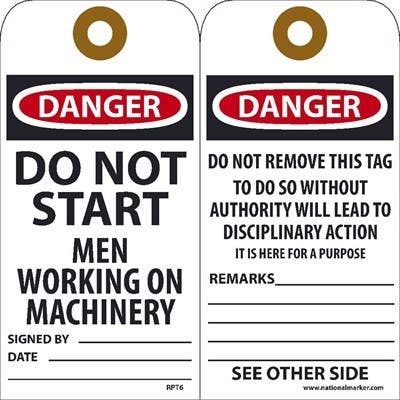 AccuformNMC RPT Danger, Do Not Start Men Working On Machinery Tag, 6" x 3", Unrippable Vinyl, 25/Pk