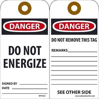 AccuformNMC RPT61 Danger Do Not Energize Tag, 6" x 3", Unrippable Vinyl, 25/Pk
