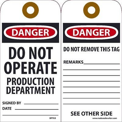 AccuformNMC RPT63 Danger Do Not Operate Production Department Tag, 6" x 3", Unrippable Vinyl, 25/Pk