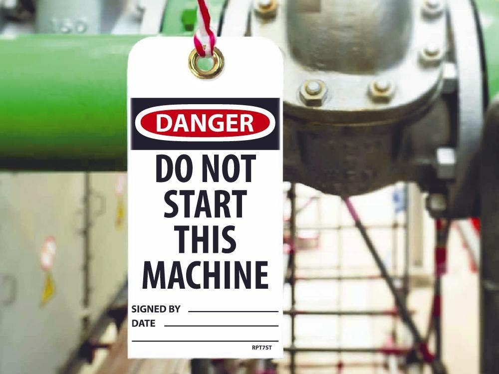 AccuformNMC RPT7ST Danger, Do Not Start This Machine Tag, 6" x 3", Synthetic Paper w/ 1 Top Center Hole, Zip Ties Included, 25/Pk