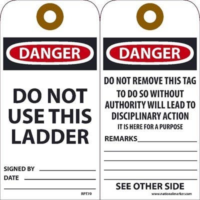 AccuformNMC RPT70 Danger Do Not Use This Ladder Tag, 6" x 3", Unrippable Vinyl, 25/Pk