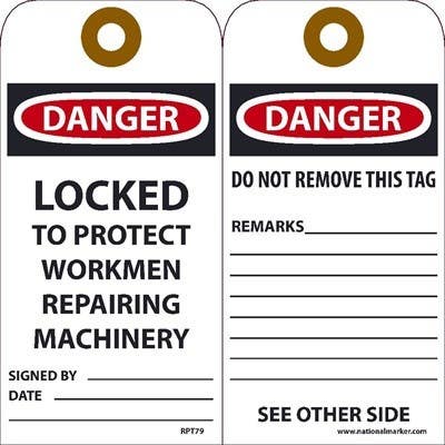 AccuformNMC RPT Danger, Locked To Protect Workmen Repairing Machinery Tag, 6" x 3", Unrippable Vinyl, 25/Pk