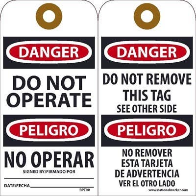 AccuformNMC RPT90 Danger Do Not Operate Bilingual Tag, 6" x 3", Unrippable Vinyl, 25/Pk