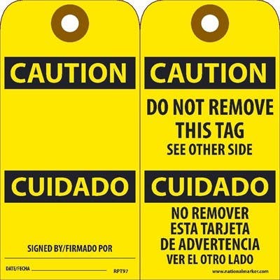 AccuformNMC RPT97 Caution Bilingual Tag, 6" x 3", Unrippable Vinyl, 25/Pk
